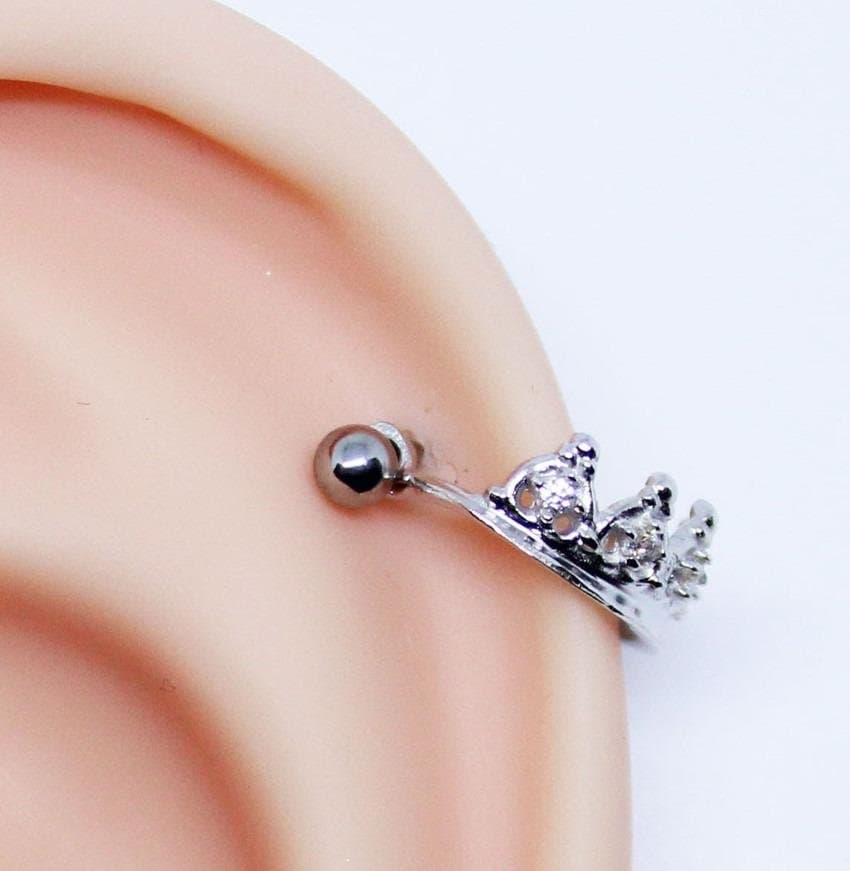 Piercing Hélix 2 em 1 de Coroa Cravejada Folheada a Ouro Branco