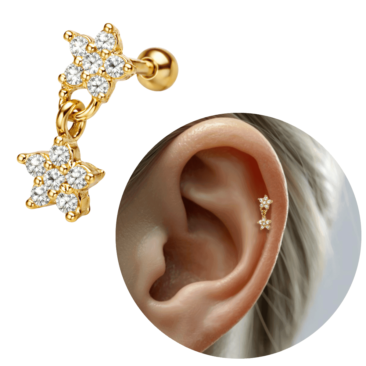 Piercing Flor Pendurada Pingente Cravejado Folheado a Ouro