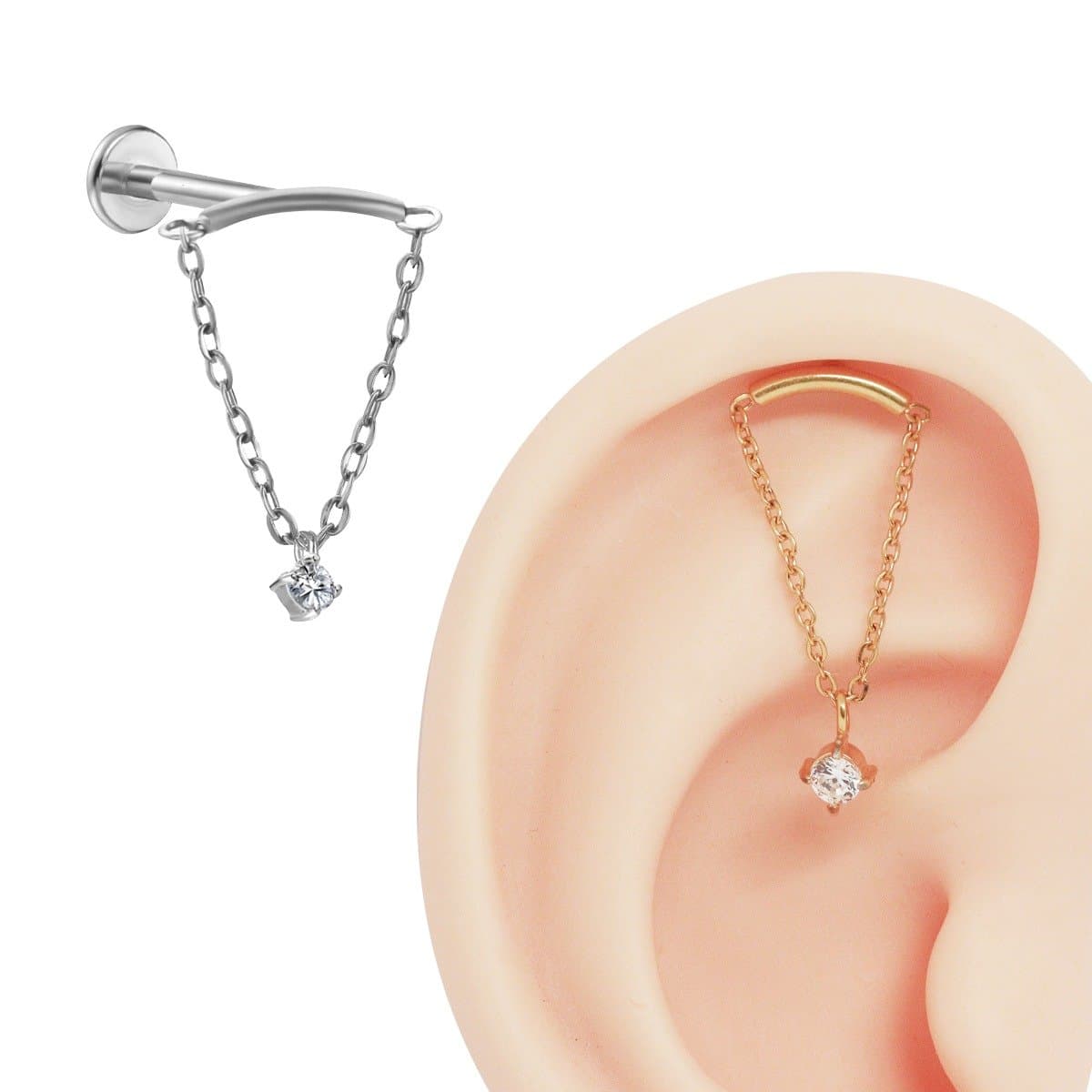 Piercing Labret Hidden Hélix Corrente com Zircônia Pendente no Aço Cirúrgico