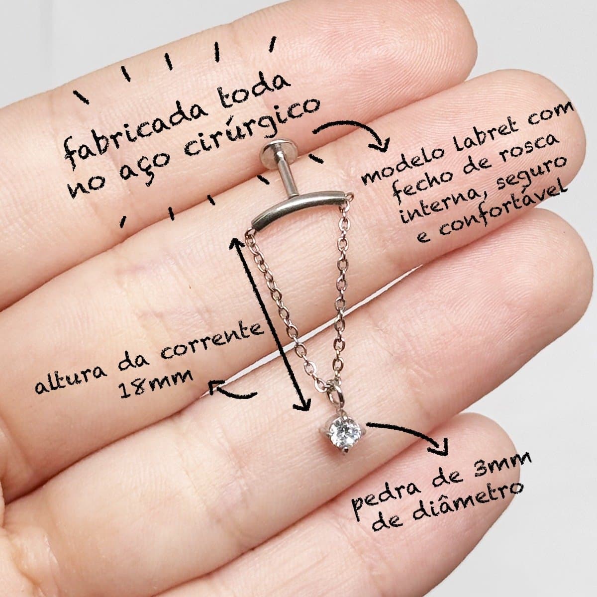 Piercing Labret Hidden Hélix Corrente com Zircônia Pendente no Aço Cirúrgico