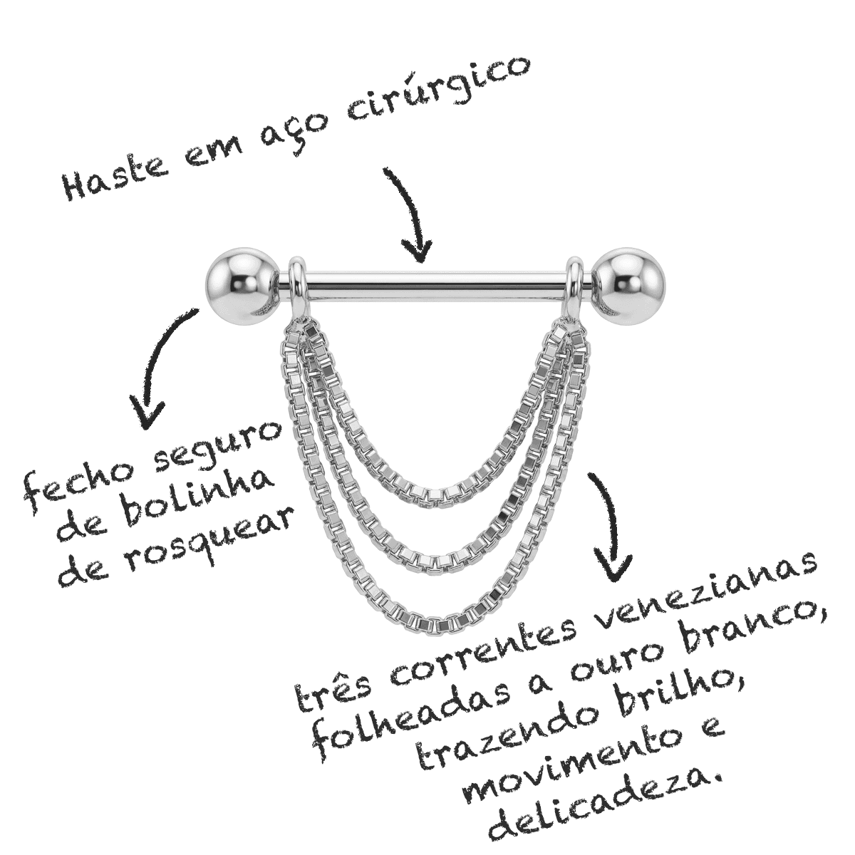 Piercing Corrente Tripla Veneziana Folheada Hélix Orelha Cartilagem