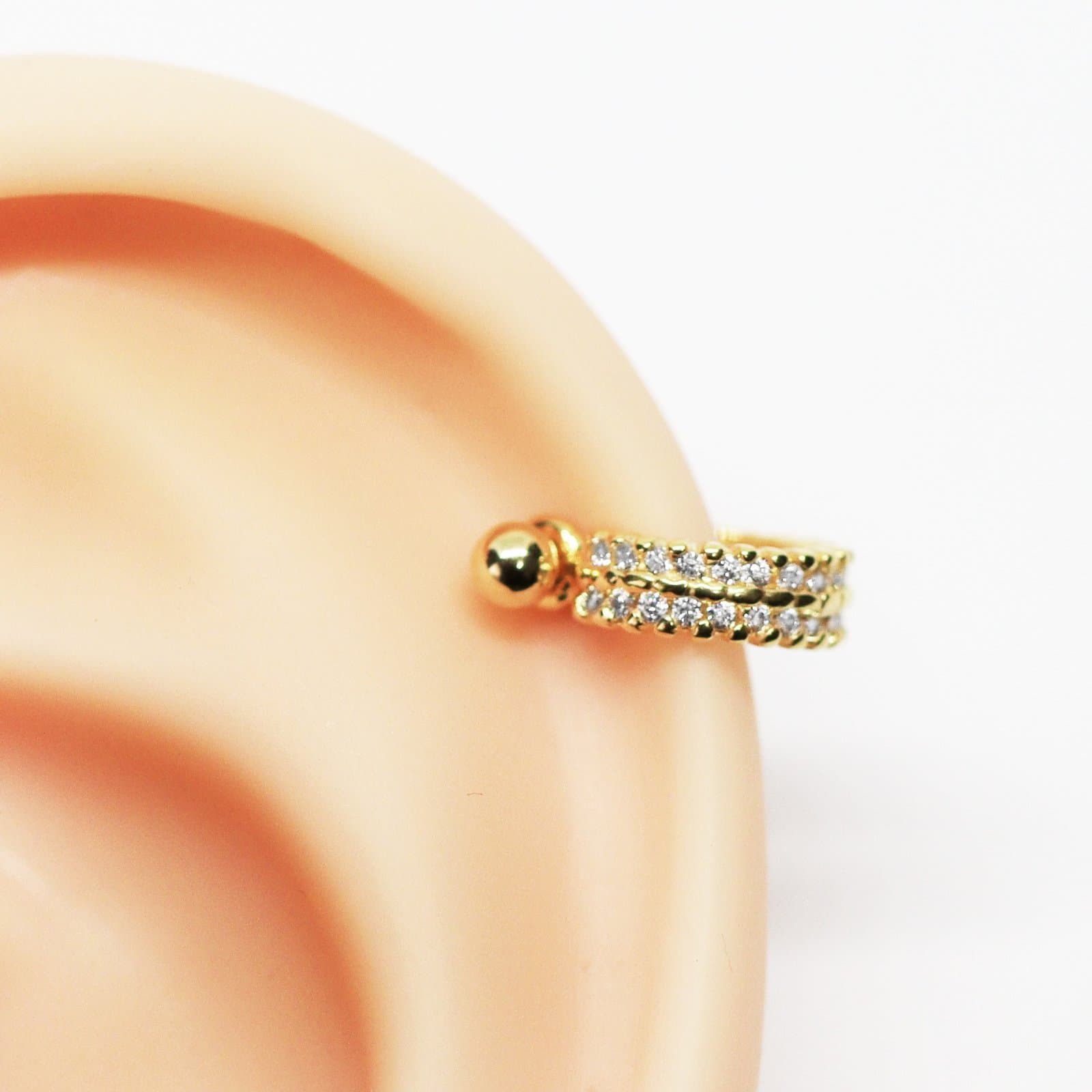Piercing Helix 2 em 1 com Duas Fileiras de Zircônias Folheado a Ouro