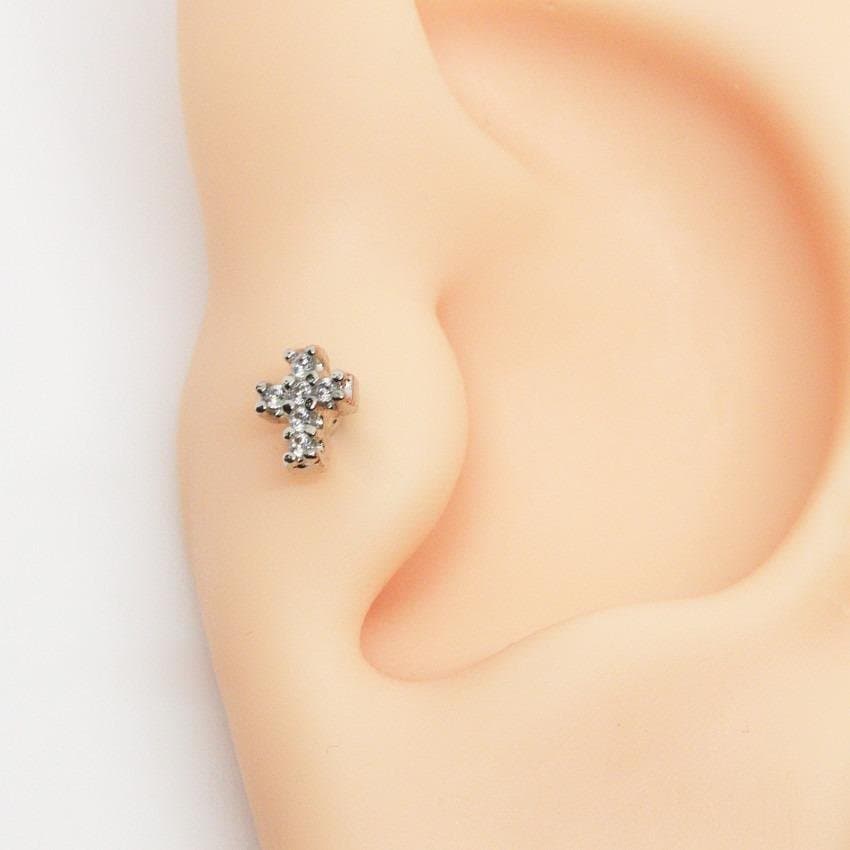 Piercing Trágus Mini Cruz Cravejada Folheada a Ouro Branco