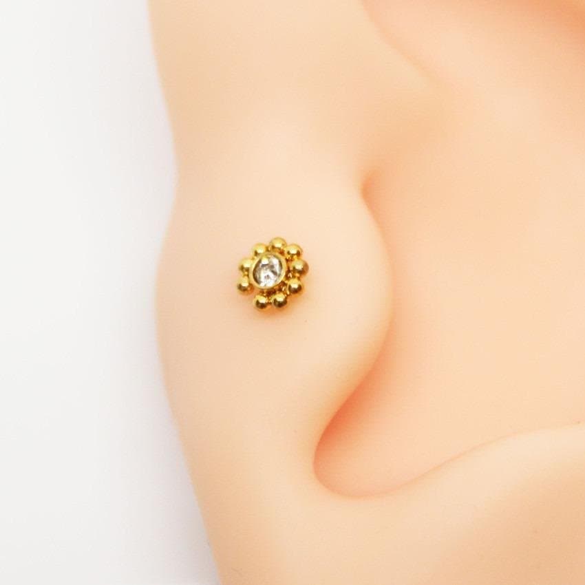 Piercing Tragus Mini Labret Petit Fleur com Zircônias Cristal Aço PVD Gold