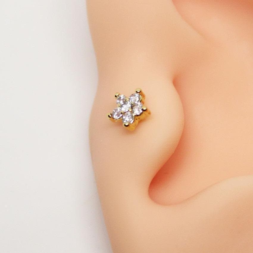 Piercing Trágus Flor Toda Cravejada Folheada
