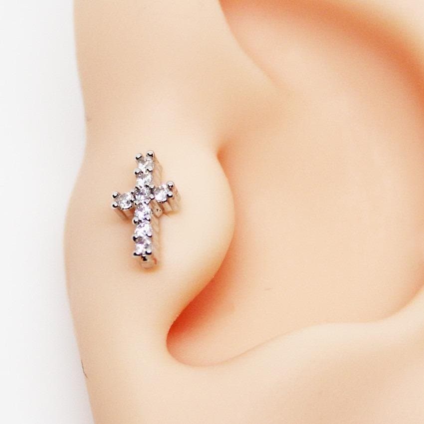Piercing Tragus Cruz Cravejada Folheada a Ouro Branco