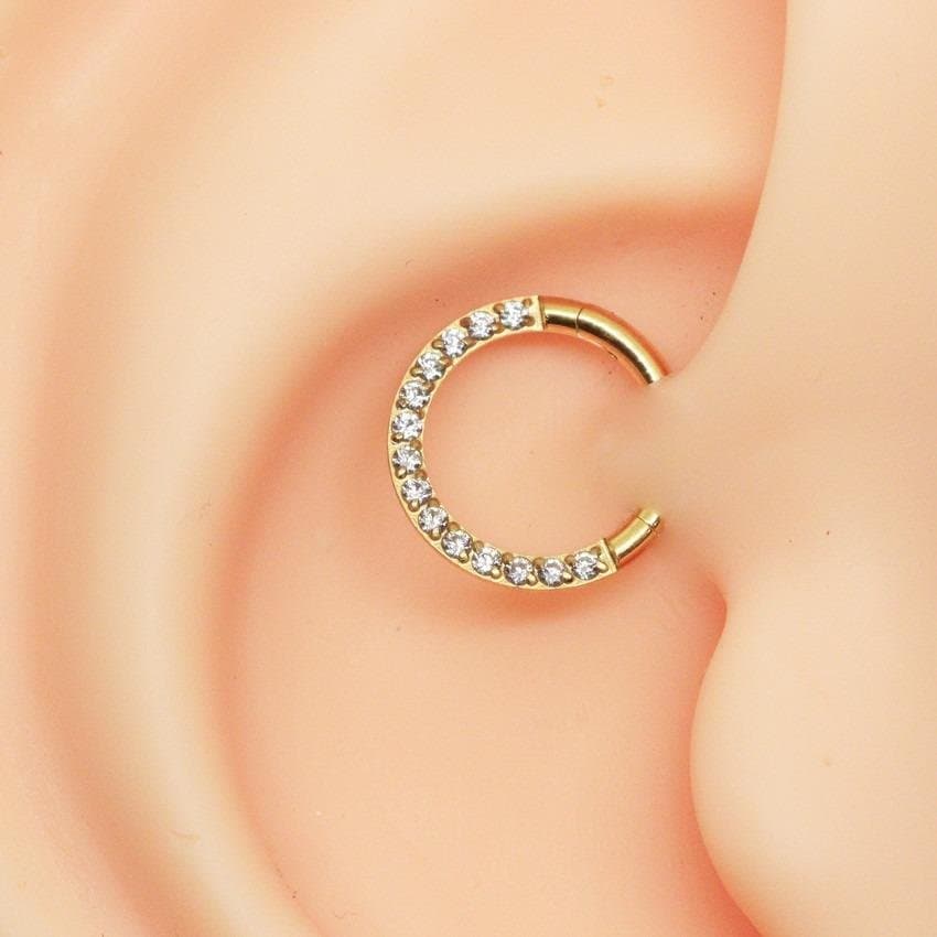 Piercing Daith Argola Clicker Zicônias Aço PVD Gold