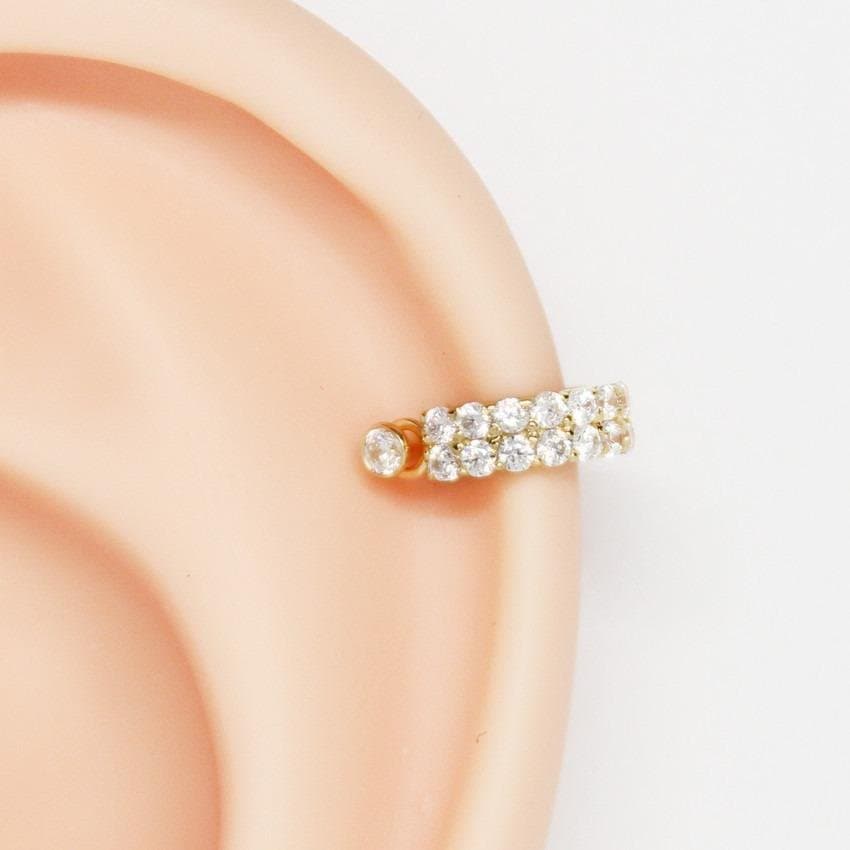 Piercing Hélix 2 em 1 Ouro 18k com Duas Fileiras de Zircônias