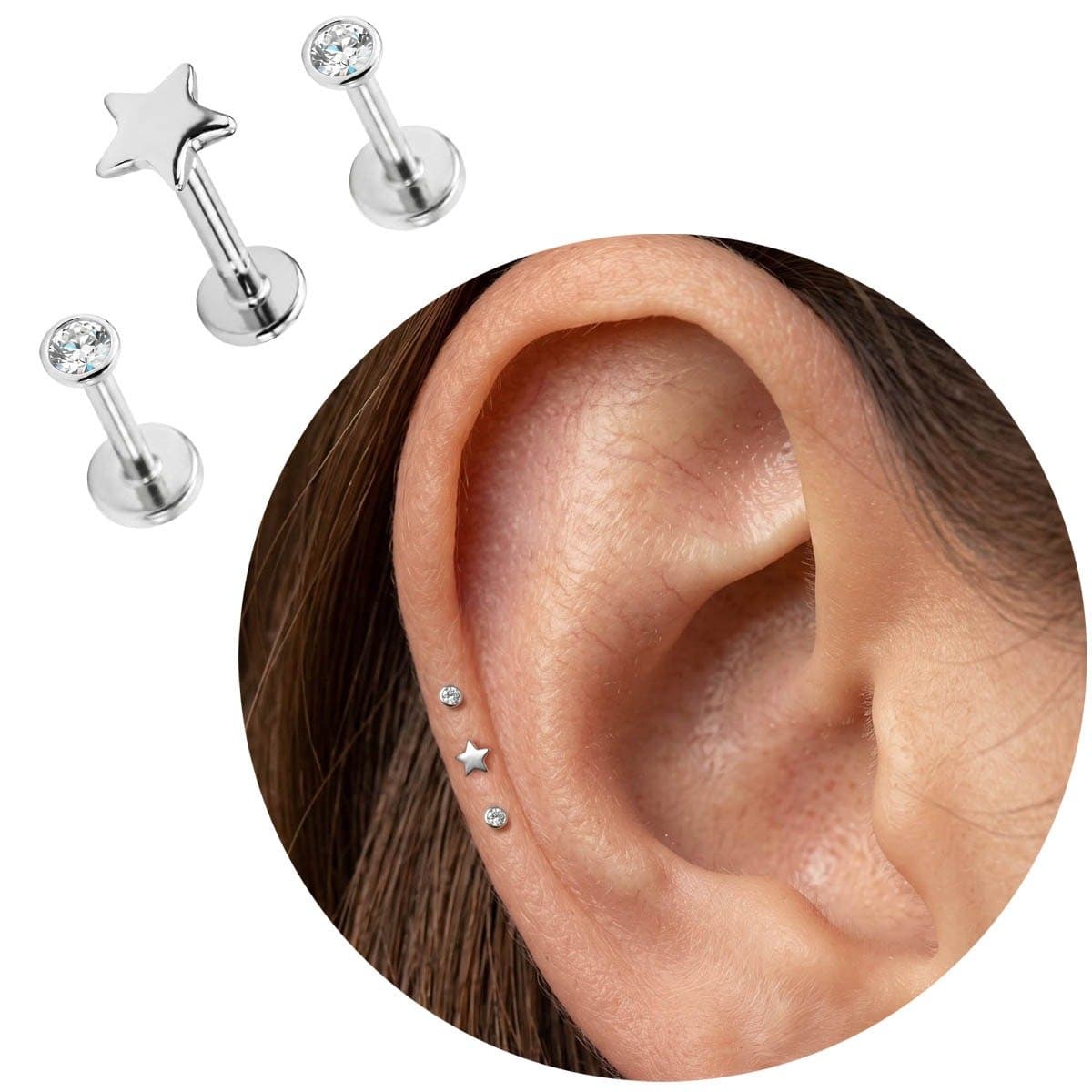 Piercing Australiano Prata 925 Estrelinha Labret Fecho Push In Kit ou Unidade