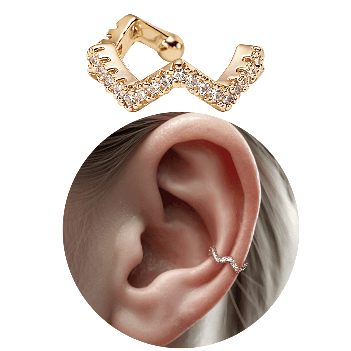 Piercing Fake Conch Zigzag Pressão Cravejado Folheado a Ouro