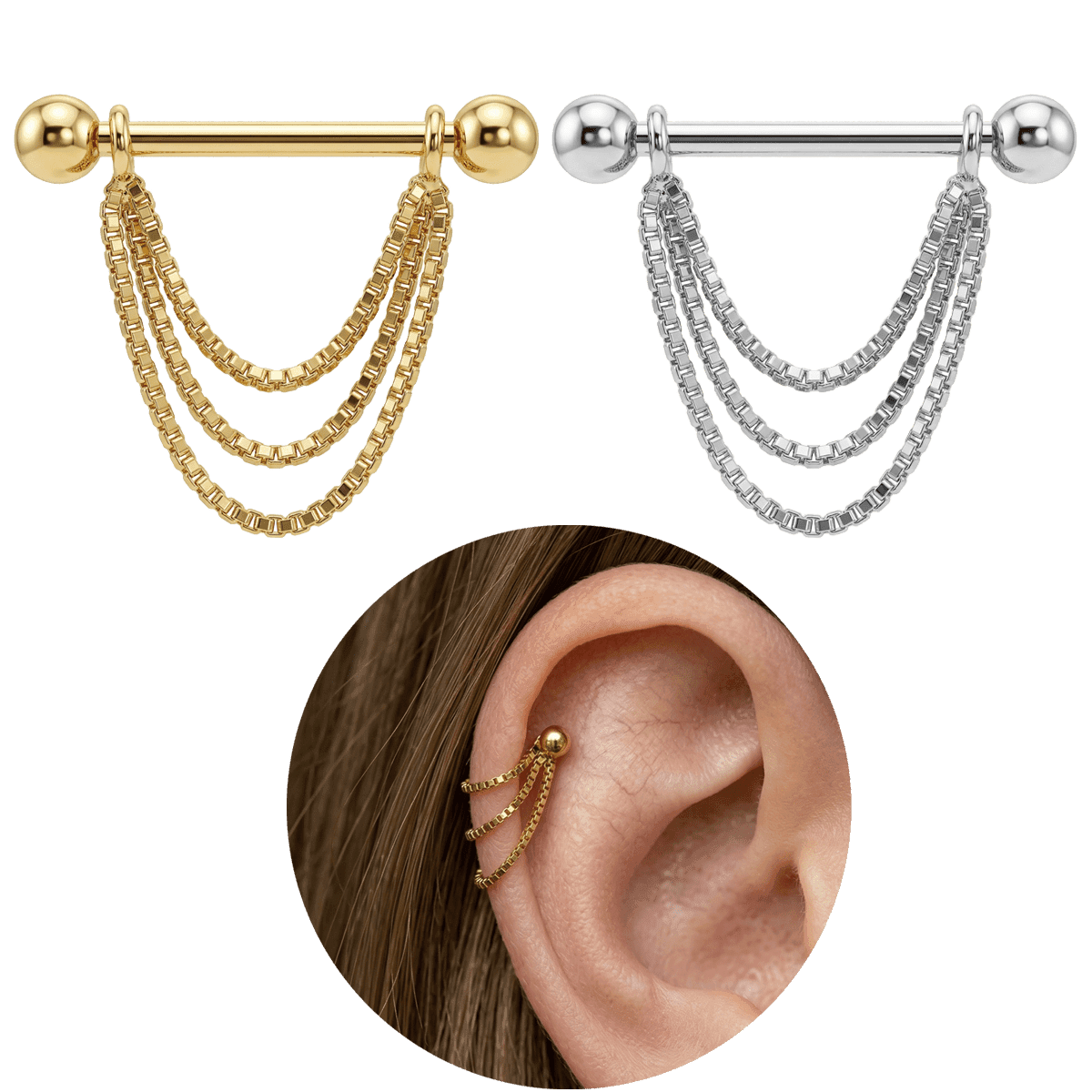 Piercing Corrente Tripla Veneziana Folheada Hélix Orelha Cartilagem