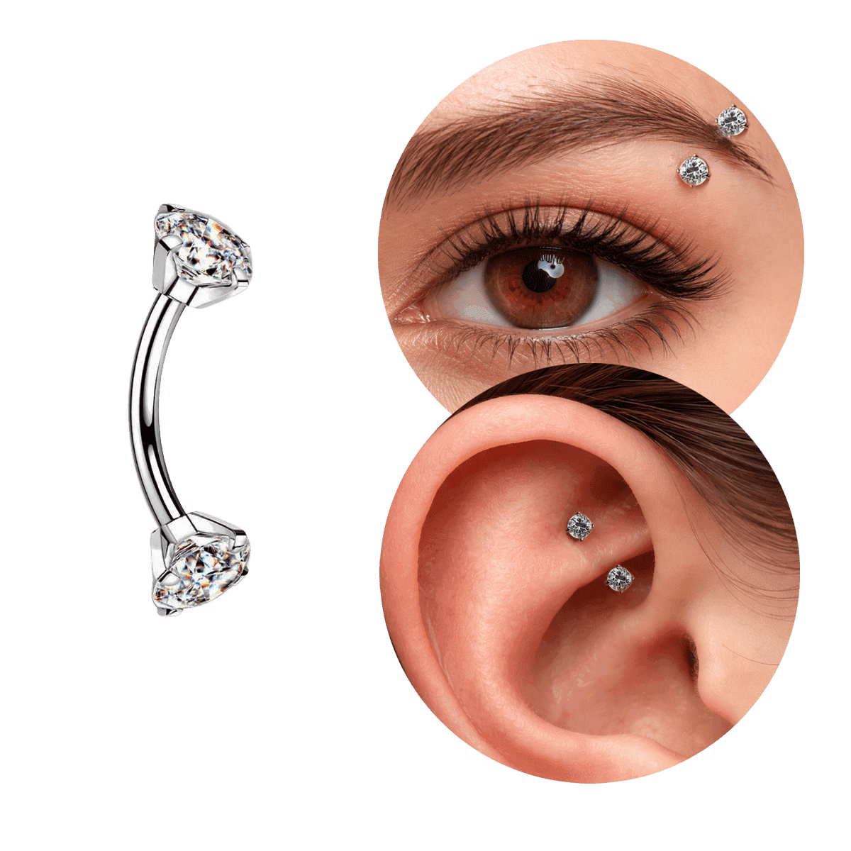 Piercing Rook Intimo Sobrancelha Banana em Titânio Natural com Zircônias Grandes e Rosca Interna