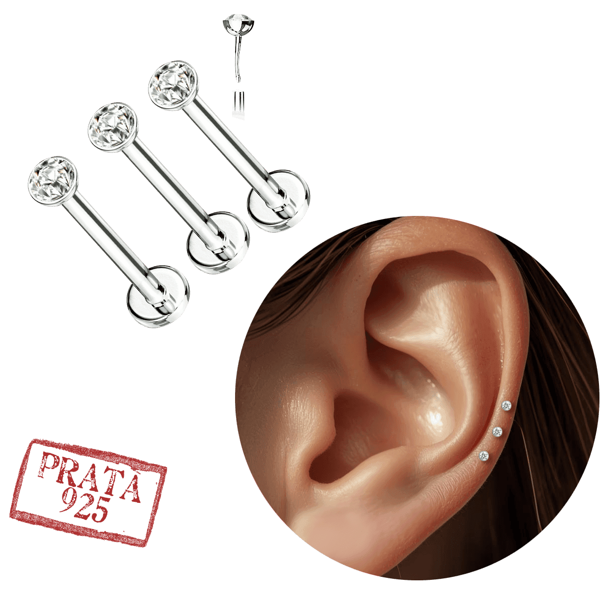 Kit Trio Piercing Minion Labret Fino Australiano Prata 925 Push In 6mm